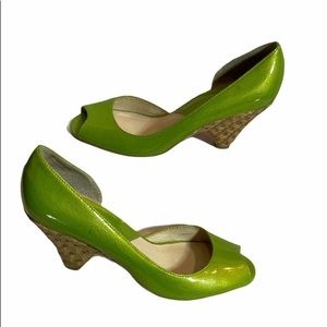 MICHAEL KORS electric lime green with rattan wedge